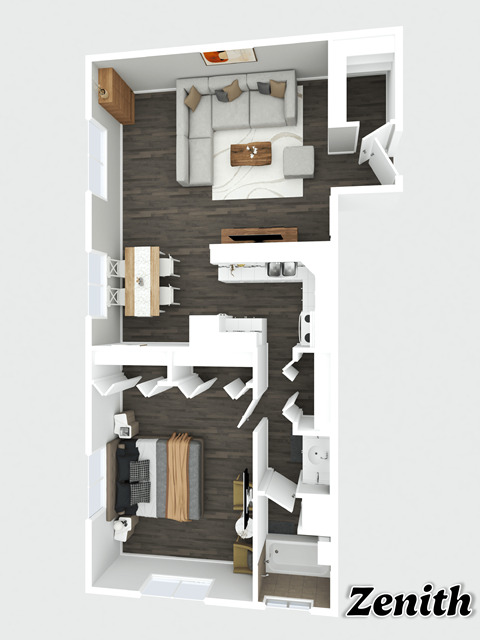 A 3D rendered image of a house layout with the name "Zenith" on the bottom right.